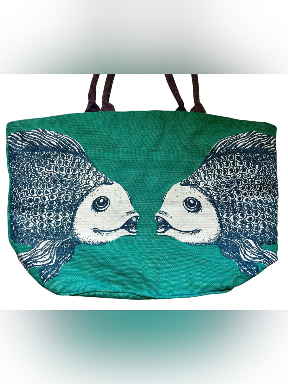 Mud Pie Turquoise Kissing Fish,  Extra Large Tote in Natural Jute, Rope Handles